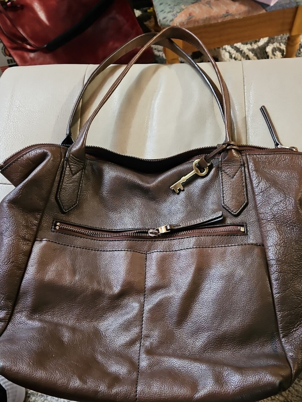 Fossil Fiona Espresso Large Leather Tote with Front Zip Pocket and Key Charm